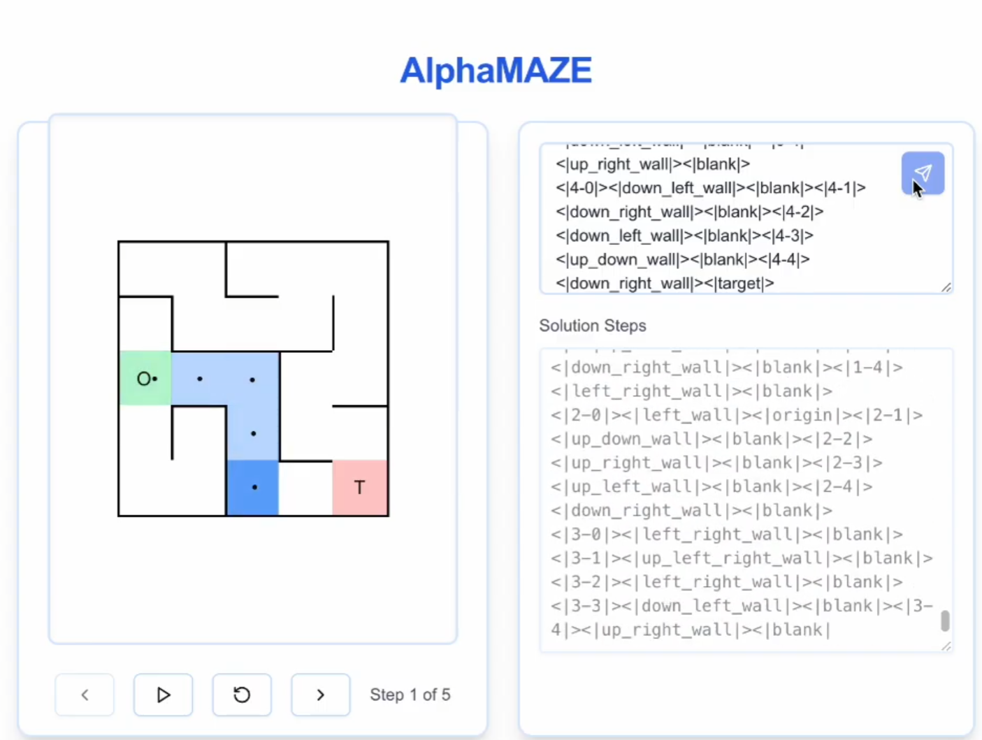 AlphaMaze가 만든 에이전트가 미로를 푸는 모습
