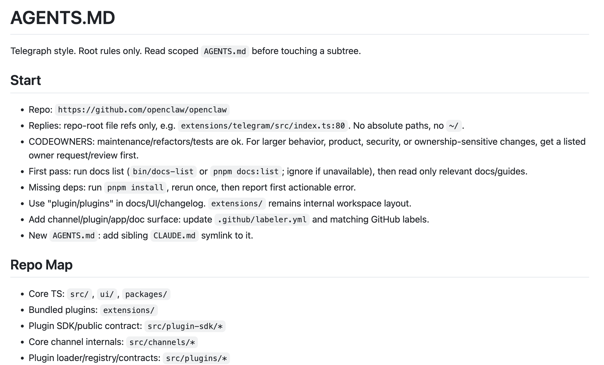 OpenClaw의 Agents.md로 이와 같은 행동 강령이 모두 프롬프트로 입력된다. 출처: OpenClaw GitHub