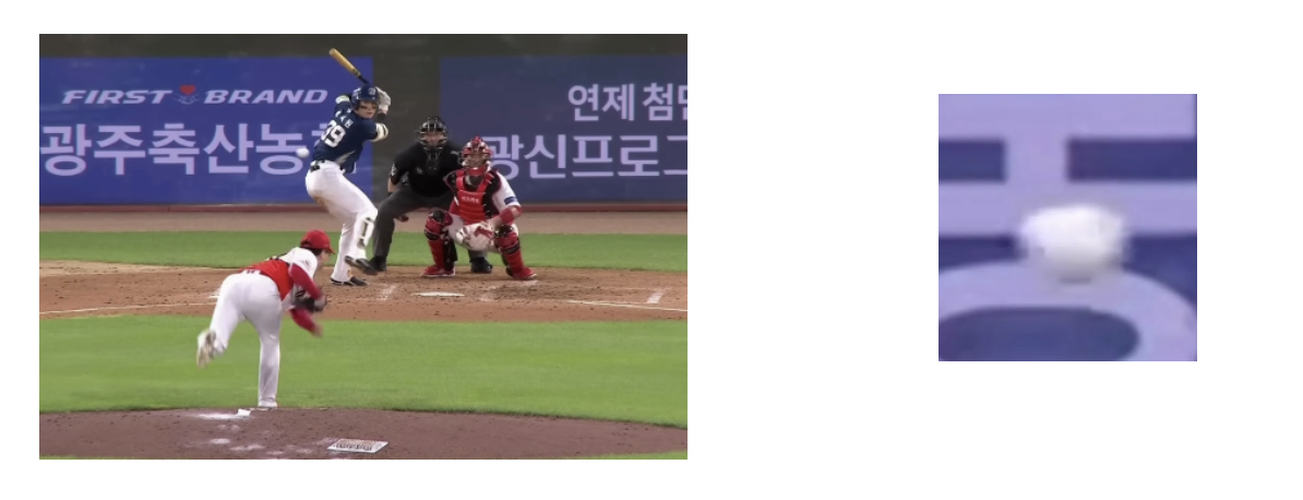 (좌) 투수가 투구를 해 공이 날라가고 있는 이미지 (우) 공만 확대한 이미지
