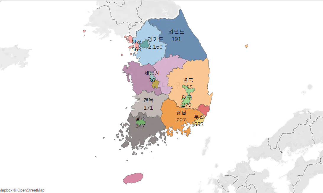 2024년 당근마켓에 올라온 지역별 러닝크루 모집공고 개수 출처: