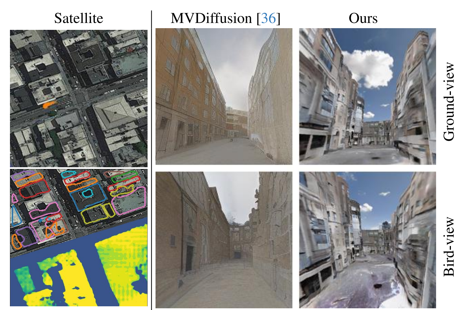 위성 사진을 바탕으로 3D 도시 장면을 생성하는 장면 출처 : Sat2scene: 3d urban scene generation from satellite images with diffusion(Li at el., 2024)