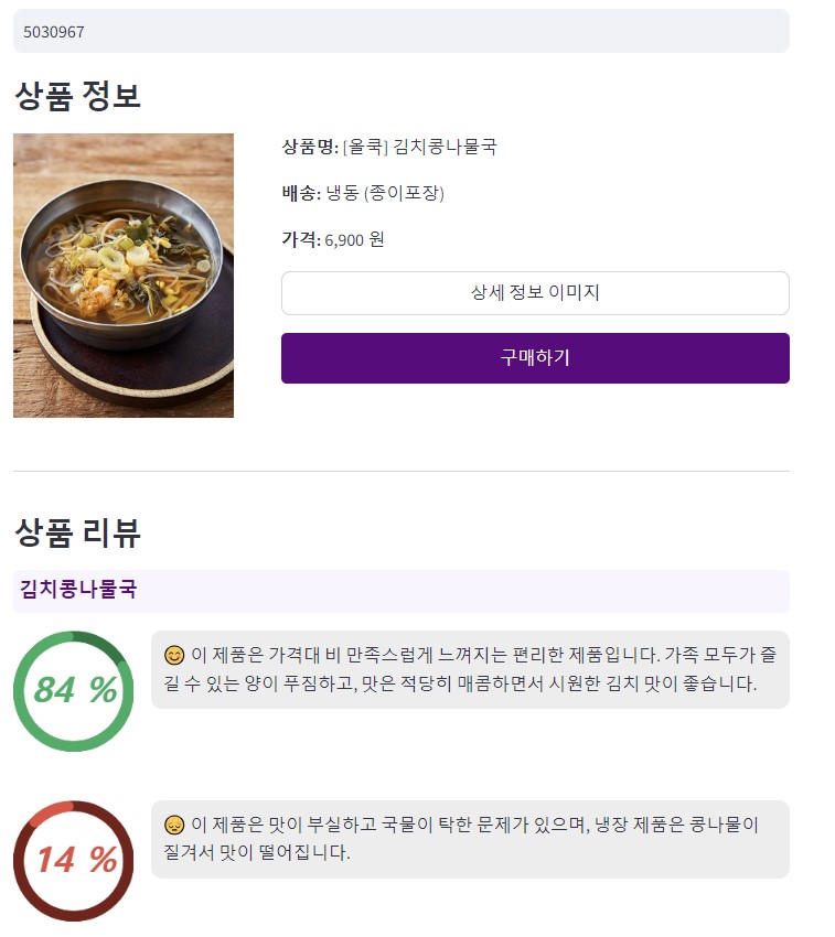 상품별 리뷰요약 페이지 - 상세정보, 만족도 + 감정별 요약