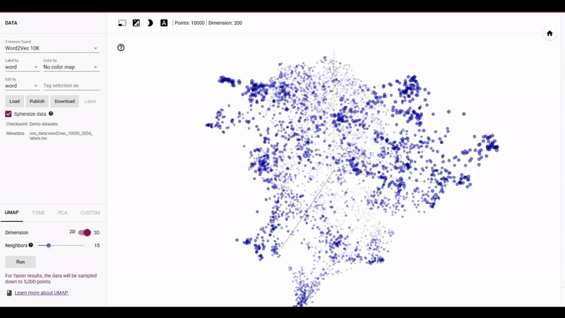 단어 임베딩(word2vec)을 3D UMAP으로 Projection(영사)한 모습