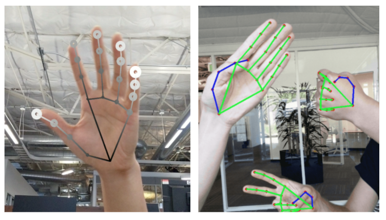 그림15. Mediapipe Pipeline을 활용한 Hand Pose Estimation 결과. (왼쪽): 상대적 깊이가 다른 음영으로 표현된 손 랜드마크. 원이 밝고 클수록 카메라와 랜드마크가 가깝습니다. (오른쪽): Pixel3(Android 기기)에서 실시간 다중 손 자세 추정.